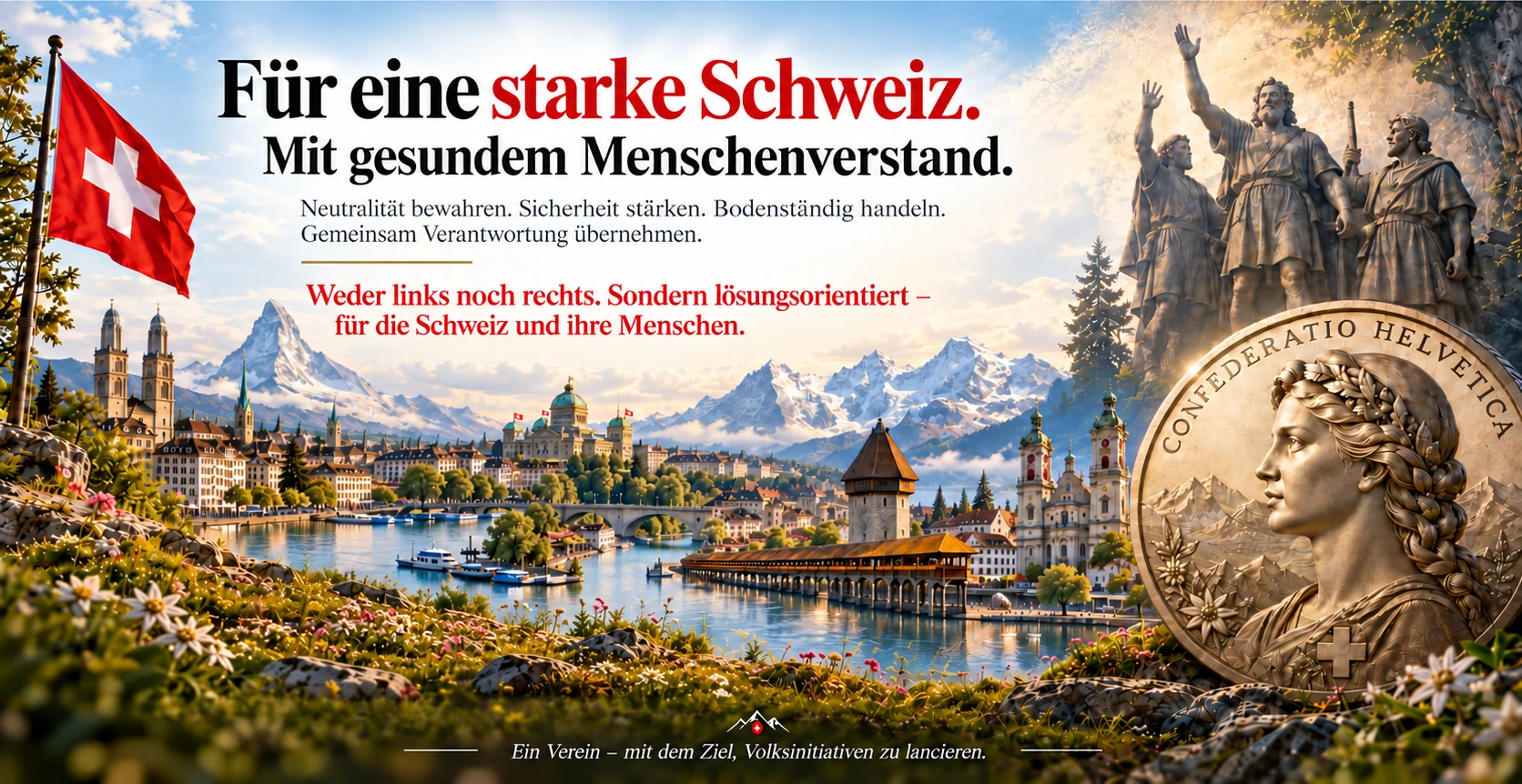 Swiss landscapes, Swiss flag, Matterhorn, Eiger Mönch Jungfrau, Helvetia; initiative committee