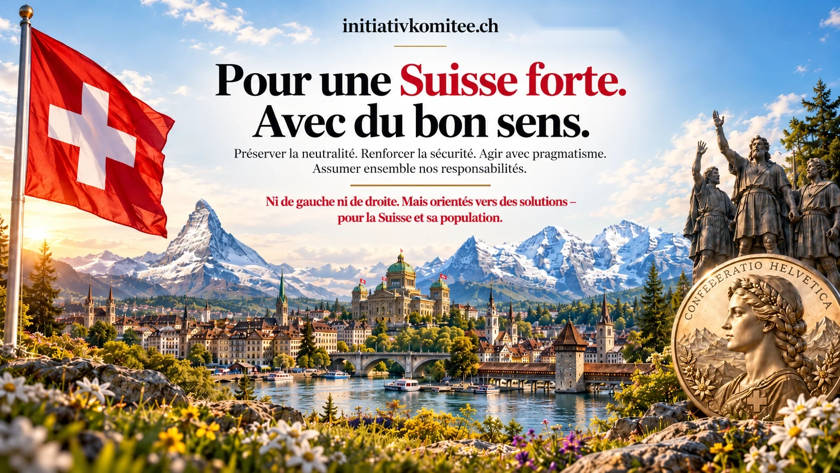 Swiss landscapes, Swiss flag, Matterhorn, Eiger Mönch Jungfrau, Helvetia; initiative committee