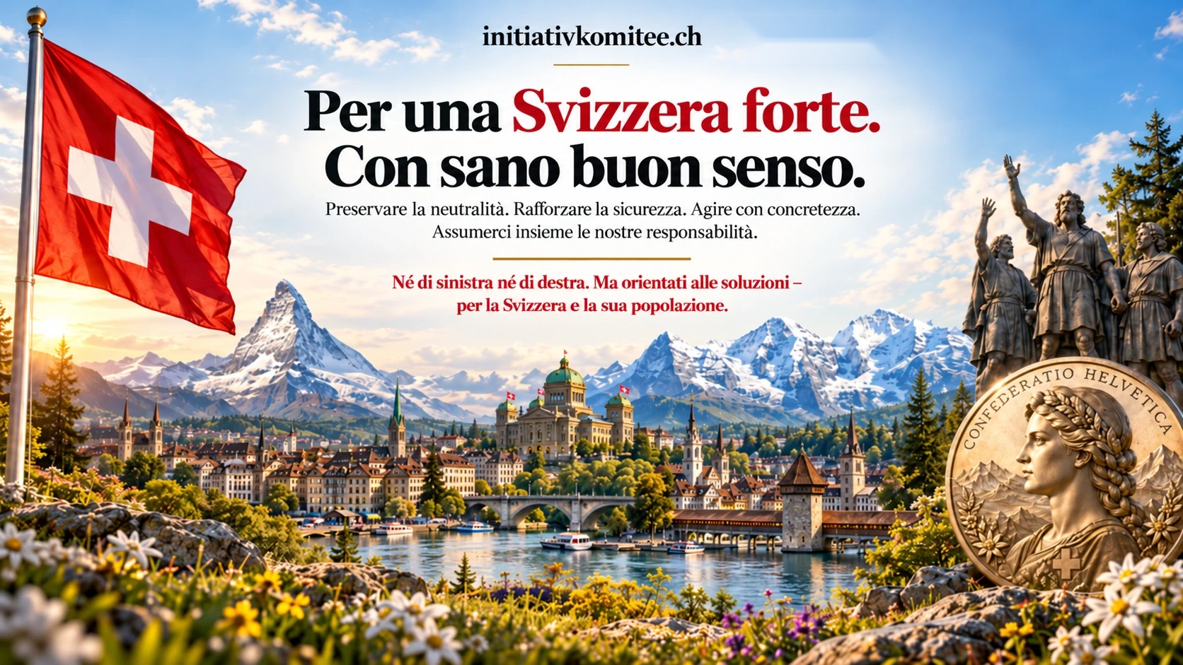 Swiss landscapes, Swiss flag, Matterhorn, Eiger Mönch Jungfrau, Helvetia; initiative committee