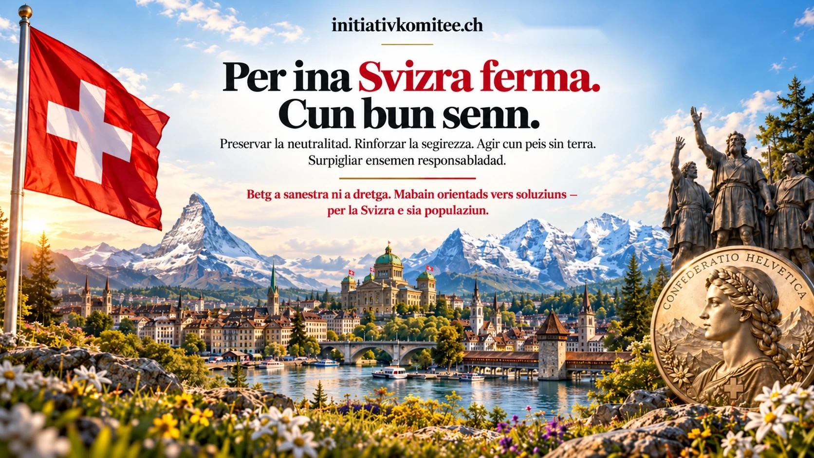 Swiss landscapes, Swiss flag, Matterhorn, Eiger Mönch Jungfrau, Helvetia; initiative committee